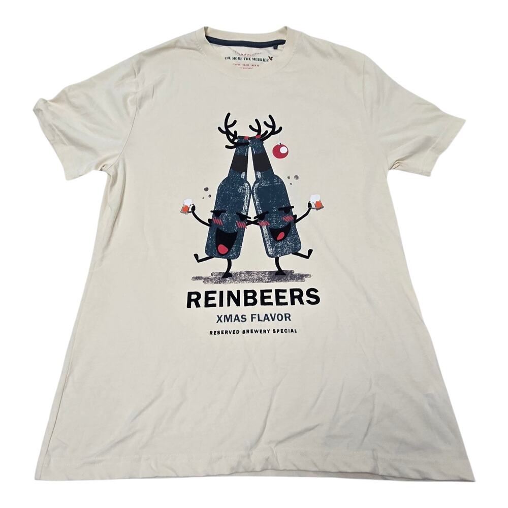 Denim Flower Ricky Singh Men's Holiday T-shirt Size Medium Rein Beers Cream